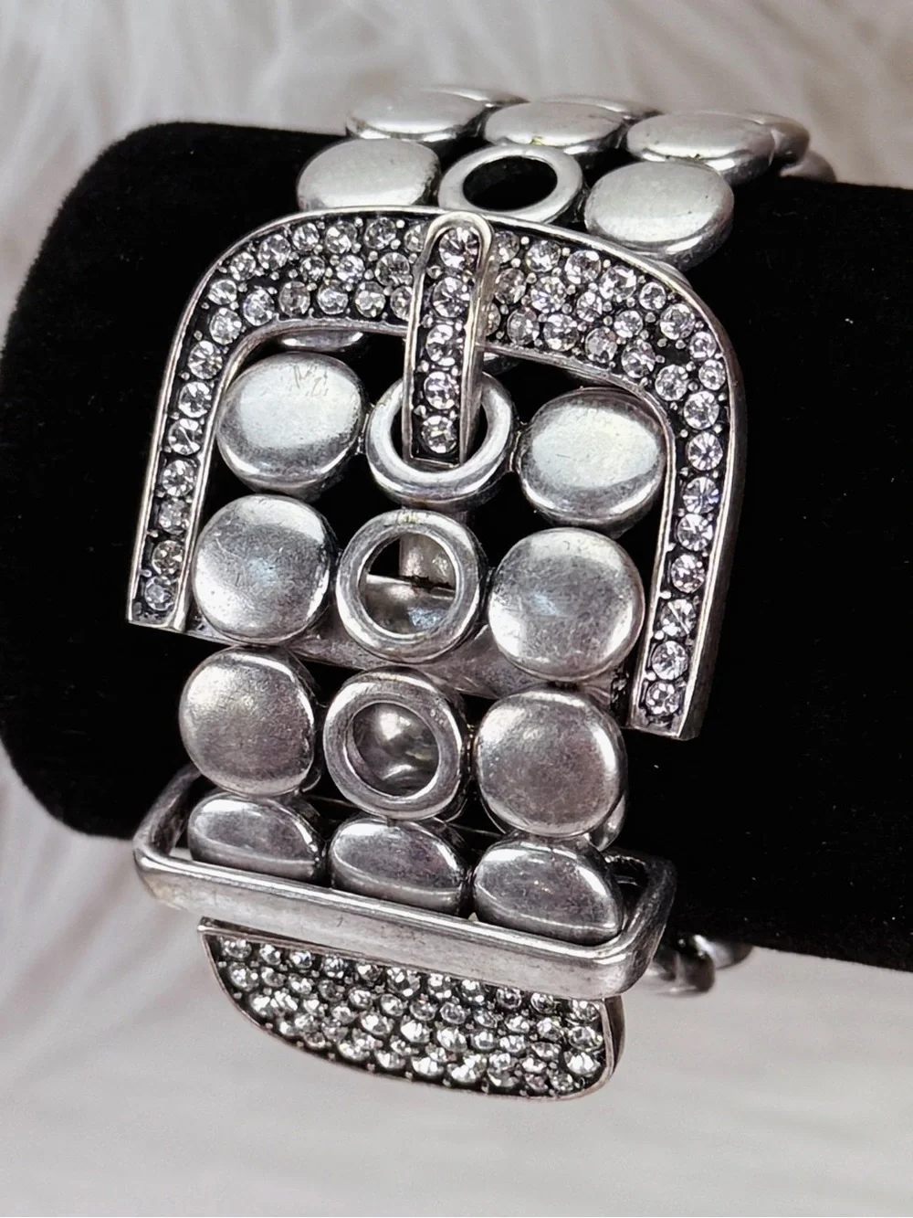 Silvertone CZ premier, designs, retired Statement Buckle Stretch Bracelet